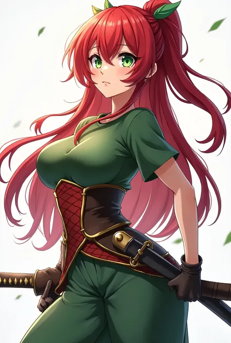 (masterpiece), Highest quality, 4k, ((anime style)), ((ultra-detailed)), 1girl, (red hair), (long straight hair:1.2), (short bangs, left-parted bangs, and right hard swept bangs:1.2). (applegreen eyes:1.2), (large breast:1.1), (green t-shirt and green wide...