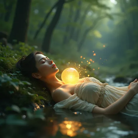 woman lying in nature with a sphere of light in front of your chest