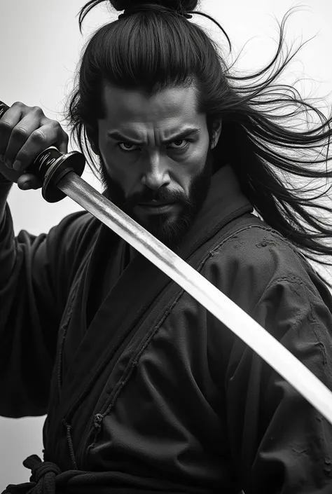 (((Masterpiece))), ((photography)), realistic, 8k, A dramatic black-and-white portrait of a fierce samurai warrior. The Japanese samurai holds a katana across his face, gazing intensely forward with a look of determination. His long hair flows wildly, addi...