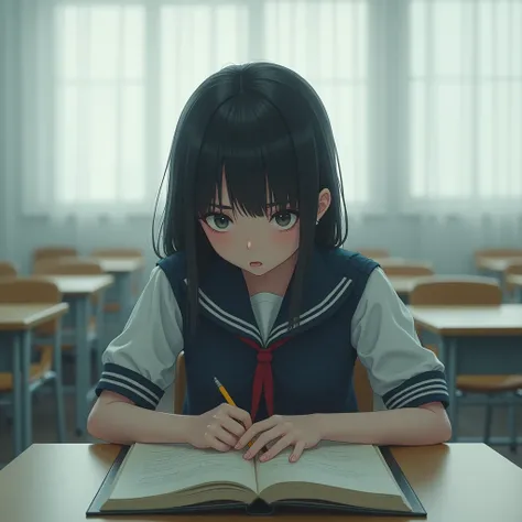 A  schoolgirl at school is sitting stressed in the classroom, sitting in a book, the atmosphere in the classroom, the white tone. 
