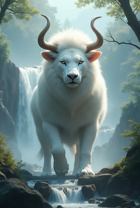 A majestic, wise creature known as Hakutaku, resembling a blend of a lion and ox, with a pure white fur coat and several horns. The creature is set against a misty mountain background with ancient trees and flowing waterfalls. Its eyes are deep and knowing...