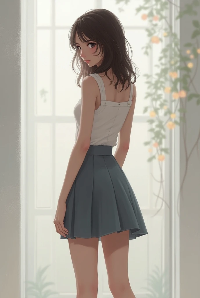 A girl with a short skirt is standing with her back 