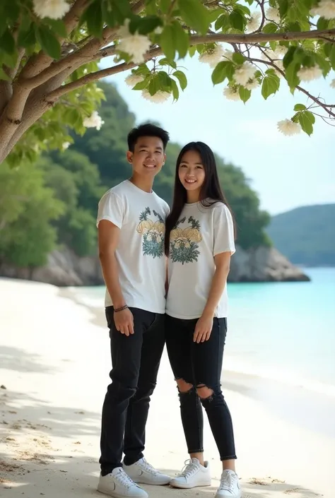 Hyperrealistic full HD 8k photo of Asian couple, 2 beautiful Asian women, The face looks real and clear wearing the same clothes, white beach shirts with pictures of floral,black t shirt , black ripped jeans and white sports shoes, standing on White beach ...