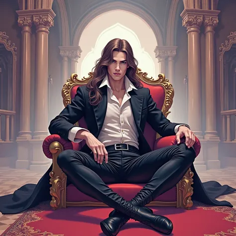 score_9, score_8_up, score_7_up, (adult: 1,2), One, masterpiece, gothic palace ,very handsome man sitting , cross-legged,  Pale skin,  long brown hair,  shirt  , hussar jacket,  black pants ,  black riding boots