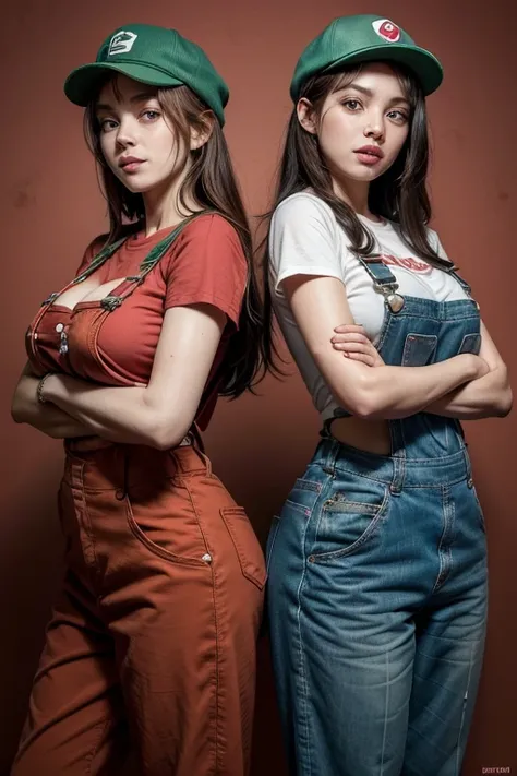 sagging breasts,big ass,Beauty, Cover your chest with your hands,Cover your chest with your hands,Lift your chest with your hands,Cross your arms and place your chest on your arms, Two women cosplaying as classic video game plumber characters inspired by a...