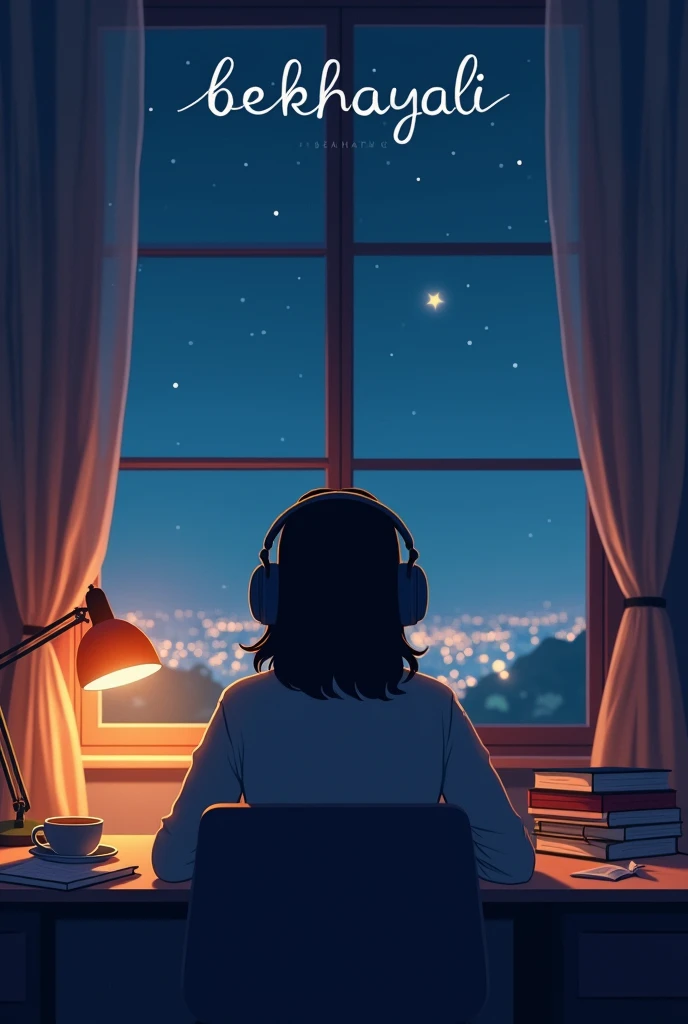 Create a calming, serene lofi song thumbnail with a cozy, late-night vibe. The background features a dimly lit room with a window showing a starry night sky and soft, glowing city lights in the distance. A person, wearing headphones and relaxed, sits at a ...