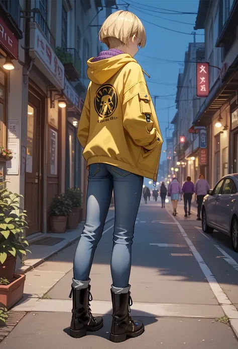 １A woman in her 30s、 very short cut hair 、Rear view、 full shot 、night、Blonde、 Slim Body 、 yellow hooded half coat、 loose purple knit sweater、no damage jeans、Black boots