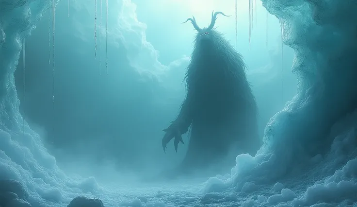 Prompt: An eerie, faint silhouette of an ancient creature trapped beneath ice. UHD, highly realistic textures, cinematic, with shadows that add to the mystery.