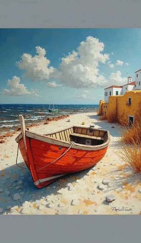 A beautiful painting of a Mediterranean coastal village with whitewashed buildings on a rocky cliff beside a deep blue sea. Small, colorful wooden boats float on the water near the shore. The sky is bright blue with scattered white clouds. Painted in an im...