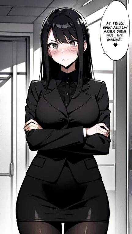 A woman with long black hair, wearing a business outfit consisting of a suit, (pencil skirt), and pantyhose, stands in a monochrome setting. The artwork is inspired by manga and incorporates a doujin style. The woman appears to be (hot of desire with pussy...