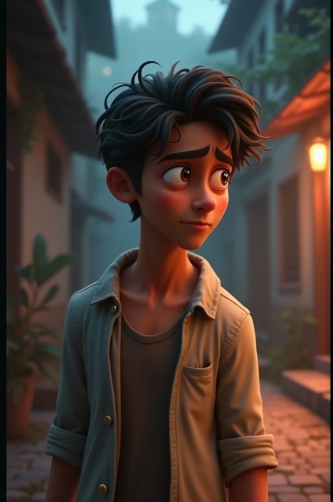 In 3d animation style "रवि का दिल जोर-जोर से धड़कने लगा। अब उसके सामने एक मुश्किल फैसला था। क्या वो सच बोले या चुप रहे?