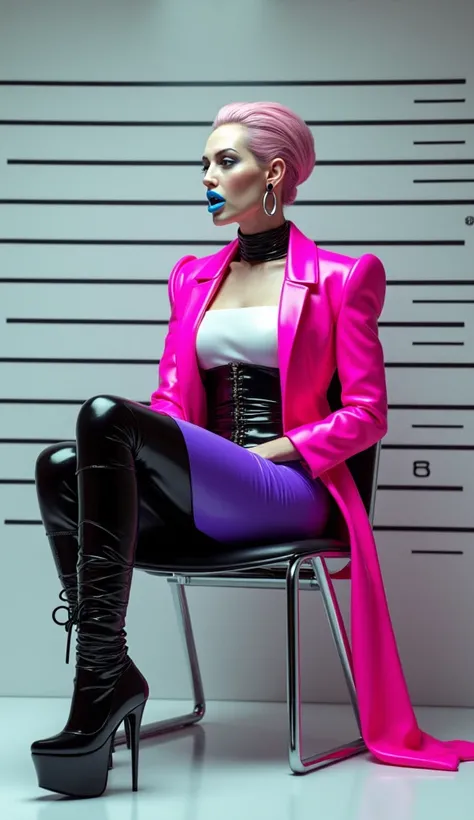 angelina jolie, assise sur un fauteuil jambes croisées, vue de profil, latex brillant, dominatrice, chemisier en latex blanc, serre taille latex noir, long jupe crayon en latex violet, ceinture latex noir, futuriste veste courte en latex rose fluo, larges ...