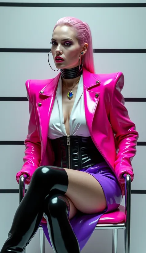 angelina jolie, assise sur un fauteuil jambes croisées, vue de profil, latex brillant, dominatrice, chemisier en latex blanc, serre taille latex noir, long jupe crayon en latex violet, ceinture latex noir, futuriste veste courte en latex rose fluo, larges ...