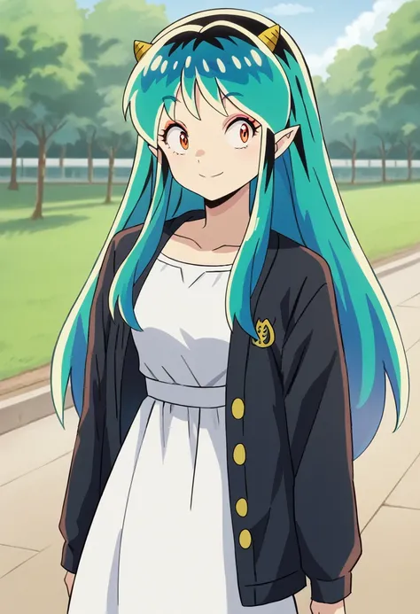 ( Anime style ) ((Best Quality)), 1girl, solo, lum, long hair, bangs, blue hair, orange eyes, horns, pointy ears, aqua hair, oni horns, eyeshadow, black jacket, white dress, collarbone, smile, day, park,  standing, best quality, highres, 4k, 8k, RAW photo)...