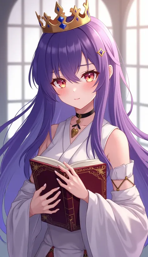 anime girl with purple hair and a crown holding a book, ayaka genshin impact, anime style 4 k, onmyoji portrait, ayaka game genshin impact, genshin, anime moe artstyle, (anime girl), anime illustration, onmyoji, beautiful anime girl, anime art wallpaper 4 ...