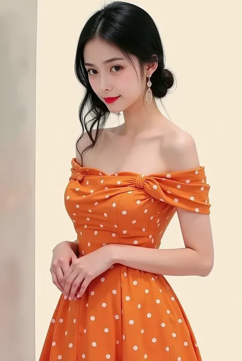 ((best quality)), ((masterpiece)), (detailed), perfect face, polka dot dress, off shoulder, hair bun