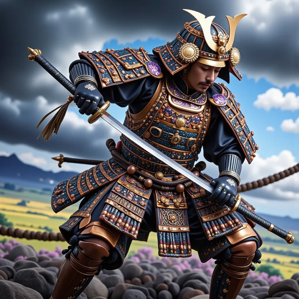 a detailed depiction of a samurai warrior, whose descent is japanese, is poised mid-battle on the field. they are decked out in ...