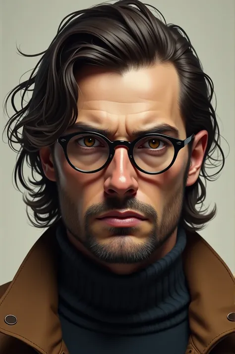 ((best quality)), ((masterpiece)), (detailed), ((realistic)) perfect face. A man in his thirties  with an extremely sarcastic and cold demeanor. Hes tall, with a square jaw and the thin shadow of a beard, brown eyes, sharp features, wears galsses. He wears...