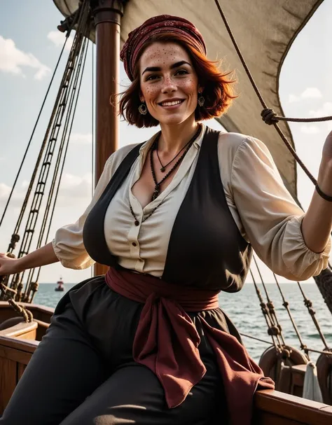 Photorealistic, cinematic style, a picture of a beautiful British woman in a sailing ships mast, (shes high up in the mast:1.5), shes wearing a sailor outfit from the age of exploration, oversized white blouse, open vest, baggy trousers, sash, pirate banda...