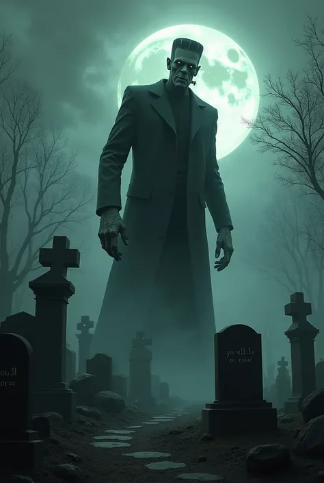  Frankenstein in a cemetery with fog and the full moon in the background looking at a grave that bears the inscription "Youll be here "