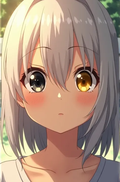 Young  white haired girl with yellowish brown skin the color of her left eye is black and the color of her right eye is yellow gold lit anime 
