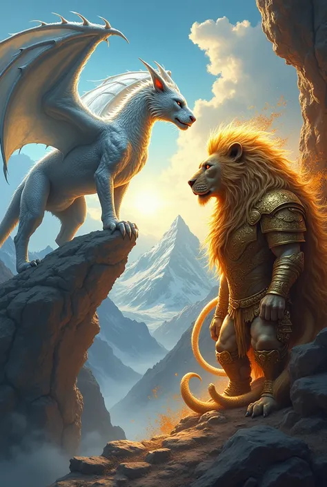 Prompt: "A fantasy-inspired illustration of Vladimir Putin and Donald Trump as mythical creatures. Putin is a majestic, silver-winged dragon perched atop a mountain, exuding power. Trump is a golden, armored lion with a mane that sparkles like stars, stand...