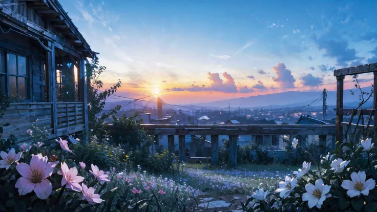  Beautiful World at the End of the Century 、 Fantastic and Desolate Nature 、 Green-Covered Ruins 、 Cities Overgrown with Plants 、 Flowers Blooming on Decayed Buildings 、Sky Dyed at Dusk 、 Ruins Wrapped in Warm Light 、Beautiful colors、High definition 8K、 no...