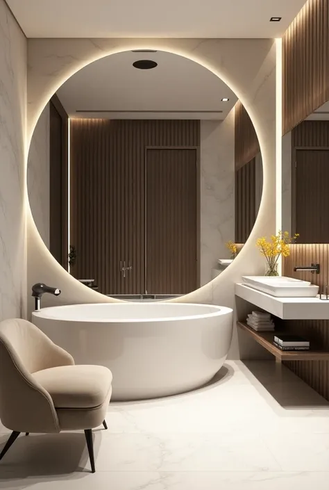 Professional 3d architecture rendering design of modern and minimal and high tech design for  elegant circular space in bathroom   And separate with  bathroom with wooden lines side by side   fences from bathroom with dark wooden and white marble makeup ta...