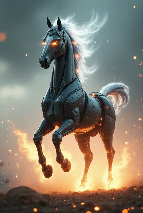 Horse, powered by nuclear energy , energy ball around horse, make the horse running , and mechanical from future, with white flame like dust, relasing from horse

