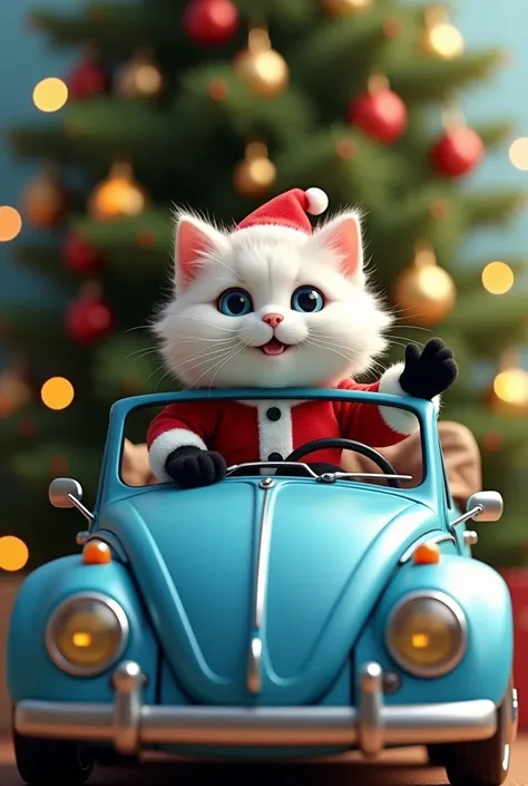 Fluffy white cat dressed as Santa Claus sits in a vintage blue Beetle convertible behind the wheel and waves his paw, behind him a christmas tree