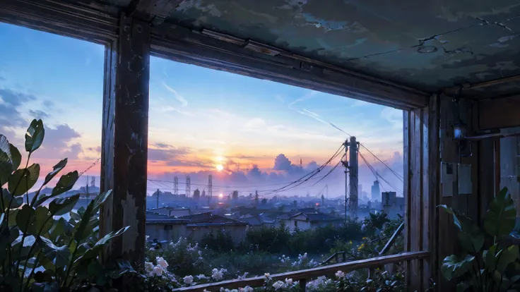  Beautiful World at the End of the Century 、 Fantastic and Desolate Nature 、 Green-Covered Ruins 、 Cities Overgrown with Plants 、 Flowers Blooming on Decayed Buildings 、Sky Dyed at Dusk 、 Ruins Wrapped in Warm Light 、Beautiful colors、High definition 8K、 no...