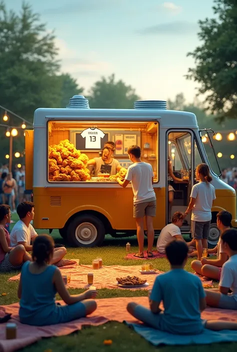 Picture people drinking chicken and beer on the mat while laying a mat in front of a food truck and watching a soccer game on a large portable screen. Draw the screen next to the truck. Please draw the screen so that it looks good. The two doors on the sid...