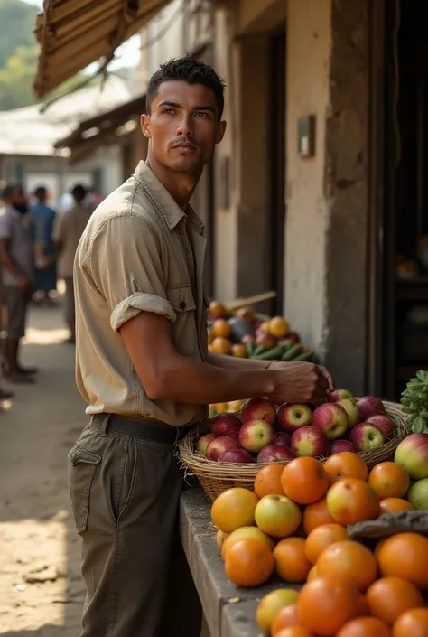  "A stunningly realistic image of Cristiano Ronaldo as a humble fruit vendor in a rural market, standing behind a rugged, wooden fruit stall. He’s dressed in an old, sun-faded shirt with loose, frayed pants that look worn from a day’s work. His hands show ...