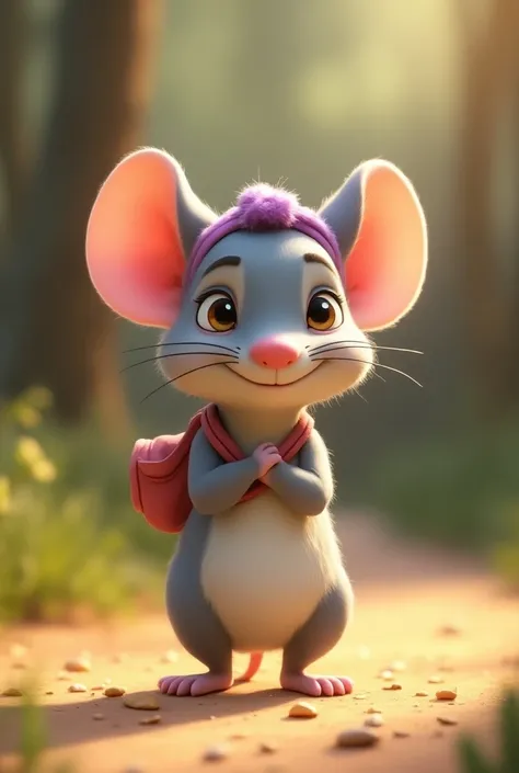 Mia is a small, gentle gray mouse with large, expressive ears and a round, pink nose. Mia often wears a purple headband, and she has a tiny pink pouch across her shoulder where she keeps her Friendship Tools. She standing  watch with proud and supportive w...