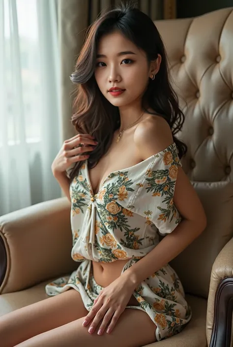  highest quality, masterpiece,  Ultra High Resolution , ( actual :1.4), RAW photo, From below, Front view,  a girl , ,  The most famous idol in Japan, Luxury hotel suite, Sitting in a luxury chair , (Korean version of European art girl printed dress,loose ...