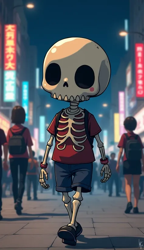 In Anime life, a cute skeleton walking in the footpath in night city. The people who walk around skeleton was looking at the skeleton. On the right hand of skeleton, its have a bracelet write the word "pistahio" on it. 