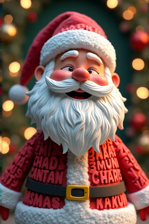 A 3D render of a Santa Claus full body made of the words "Ambi, Angel, Annastasia, Cleeensia, Tirsa, Delky, Wenda, Zhelin, Chris, Vio, Vano, Kei". The words are arranged to form the shape of Santas head, with a white beard and mustache, and a red hat. The ...