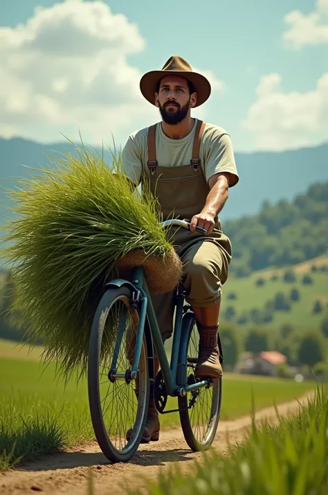 "Generat a hyper-realestic image of messi, wearing a Farmer classic dress, skill fully drive a bicycle with full load of grass.