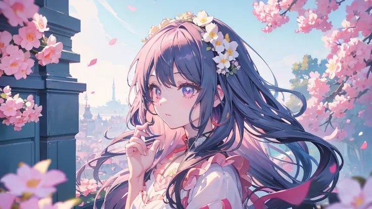 Anime-style girl with long hair and flowers, Cute anime waifu in a nice dress, Beautiful Anime Girls, Cute and detailed digital art, Beautiful anime portraits, pixiv artstationのguweiz, Gweiz-style artwork, Guweiz on ArtStation Pixiv, Detailed digital anime...