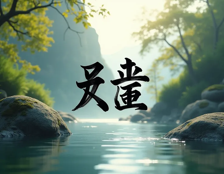  Create a store name ， with the kanji “mountain river” in the middle，Text should be highlighted 