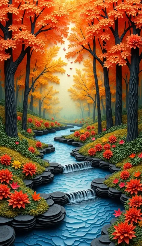 hyperdetailed photorealistic quilling collage art autumn woods, winding stream, golden hour, collage art, quilling paper art, 16k resolution, 64 megapixels, dynamic lighting