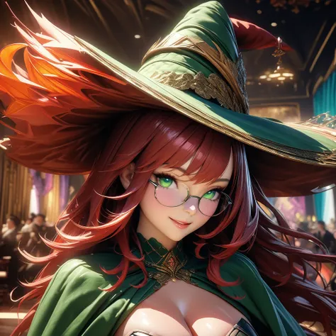 portrait,  close-up,  upper body . Short,  red hair,  green eyes ,  glasses with metal frame , witch hat, green cloak,  green strapless dress, smiling girl. (masterpiece,  top quality,  best quality,  formal art ,  beautiful and aesthetic :1.2),  Extremely...