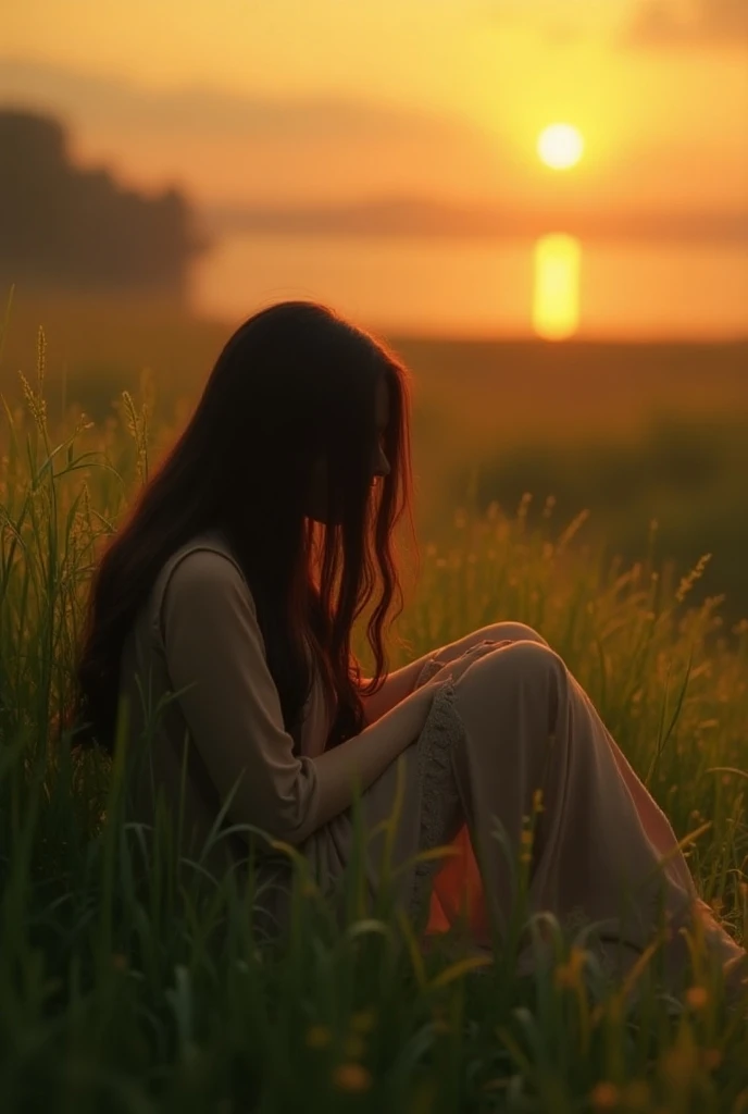 A 19 year old girl  who sitting with hiden face 
with long hair and wear Punjabi suit as well as sitting on grass along with beautiful sunset and a lots of greenery in the background 