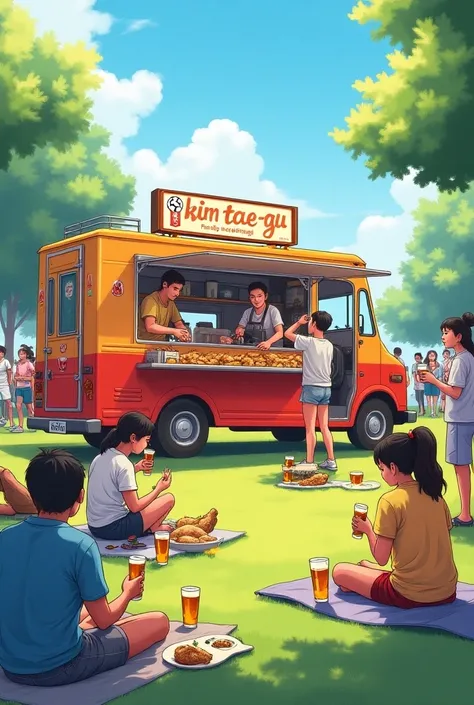 Picture people drinking chicken and beer on the mat while laying a mat in front of a food truck and watching a soccer game on a large portable screen. Draw the screen next to the truck. Please draw the screen so that it looks good. The two doors on the sid...