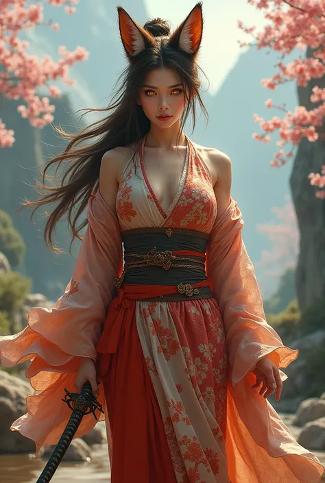 An angry but very beautiful brunette fox girl in a kimono and a katana 