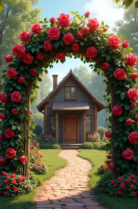 Rose arch with a wooden house