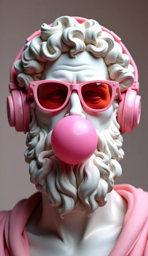  ancient Greek sculpture Socrates wearing pink sunglasses and headphones， blowing Wes Anderson-style bubble gum ，High resolution photography ， Ultra Realistic Photography， highly detailed face ，Hyper-realistic details，Natural Lighting， ultra-realistic skin...