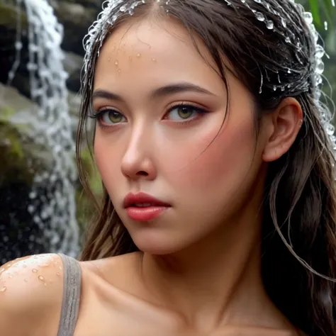 cute woman, showering in a waterfall, amazing butt, Katana leaning against cliff nearby, (amazing workmanship), beautiful detailed eyes, beautiful detailed lips, extremely detailed eyes and face, long eyelashes, beautiful woman, porcelain skin, graceful po...