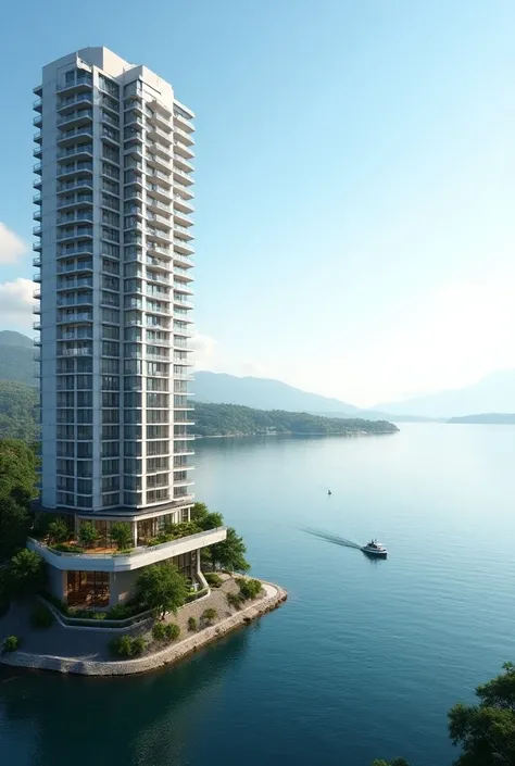 Tall Condominium with balcony, and  beautiful lake infront of the condo, condo must at the side of the poster 
 