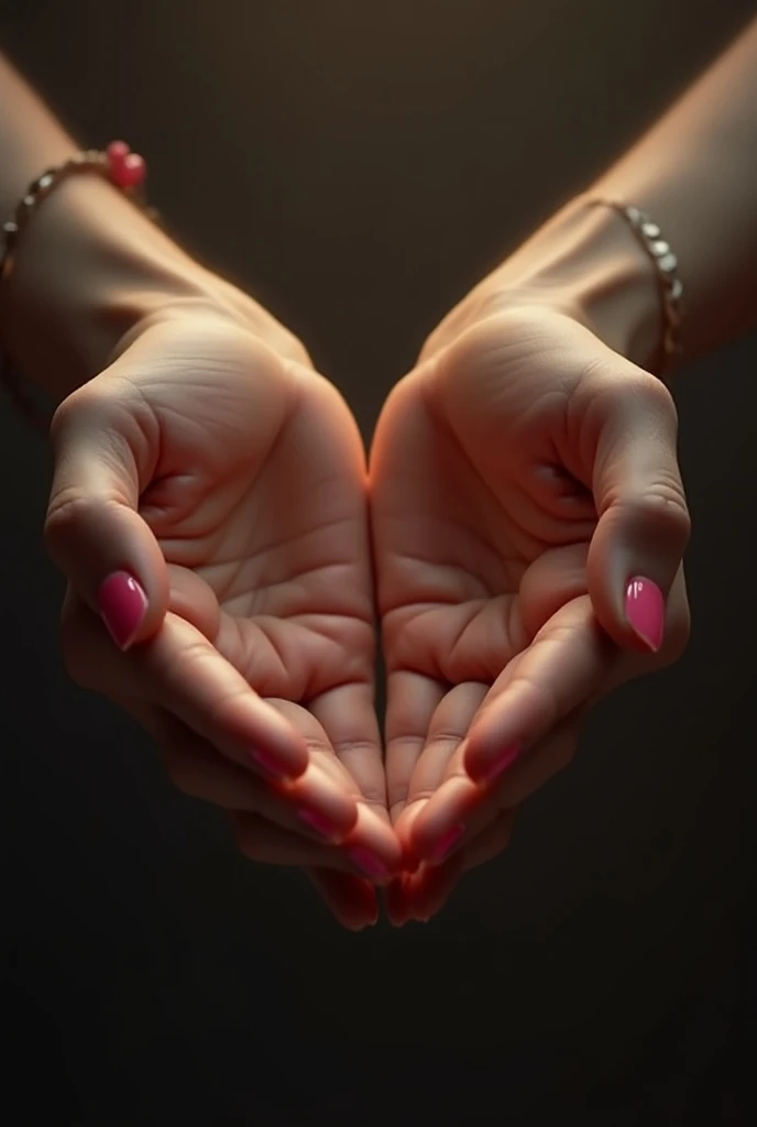 Create an image of a man showing only his hands making a heart with a woman with pink nails